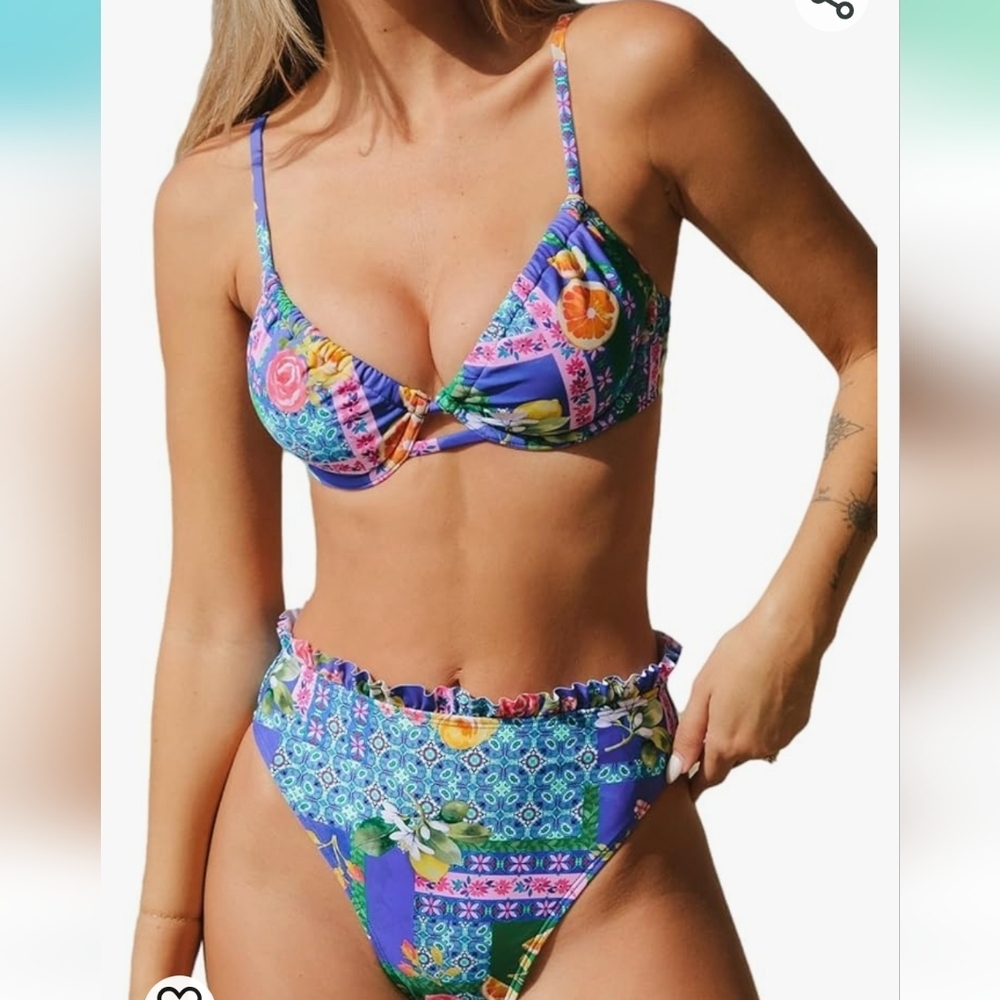 Bikini Set High Waisted Push Up Cheeky two Piece Bathing Suit SZ L blue multi‎